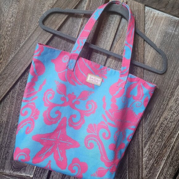 Lilly Pulitzer for Estee Lauder Pink Blue Crabs Shells Canvas Tote Beach Bag EUC - Picture 2 of 8